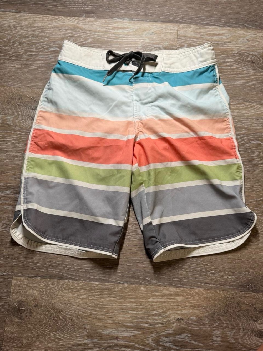 art class Boys Striped Swim Trunks in Teal, Coral, Lime & Gray